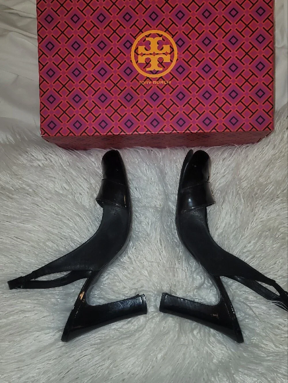Tory Burch Black Patent Slingback Heels with Gold Logo Accents